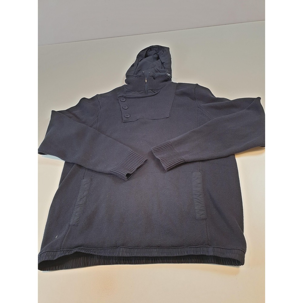 Orvis Sweater Mens Medium Navy Knit Hooded Quarter Zip Button Placket Nylon Trim